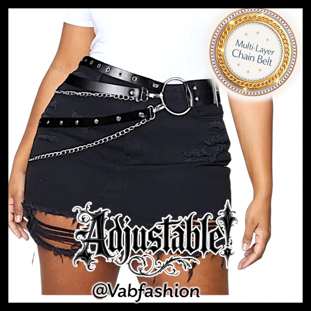 Edgy Punk Goth Black Multi-layer Chain And Studded Vegan Leather Belt